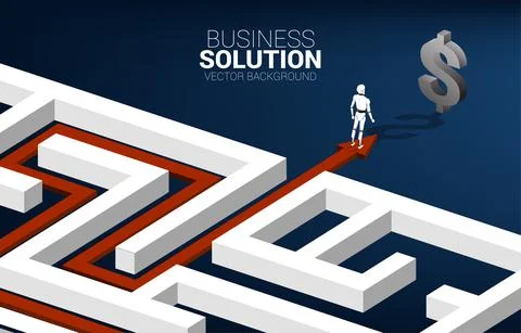 Silhouette of robot on Arrow with route path to exit the maze to dollar signa Stock Illustration