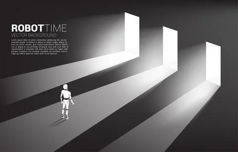 Silhouette of robot standing standing to select door to enter. concept of art 스톡 일러스트