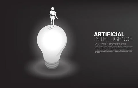 Silhouette of robot standing on top of light bulb. Concept of artificial inte Stock Illustration