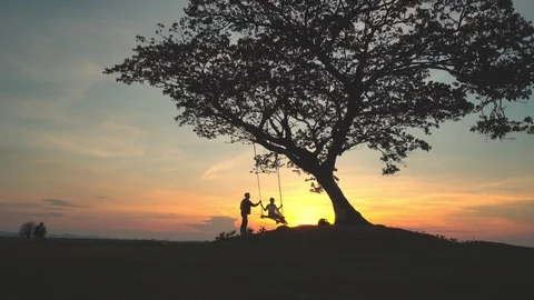 The silhouette of romantic couple is playing a swing with sunset or sunrise Vídeos de archivo 109494725