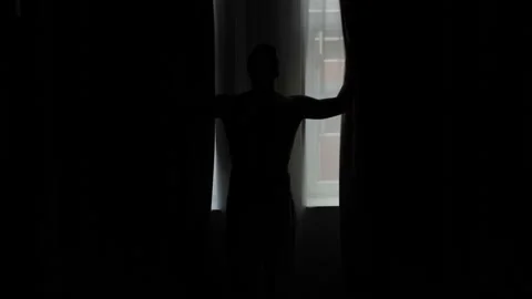 Silhouette In Room, Opening Drape Window, Looking Outside Stock Footage 89539117
