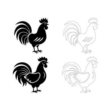 Silhouette of a rooster with exaggerated large tail feathers, flat bold bla.. Stock Illustration