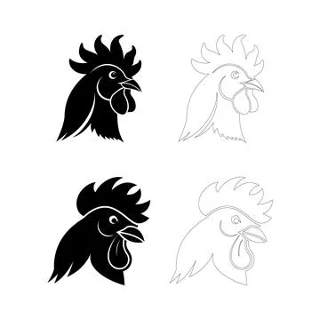 Silhouette of a rooster head close-up with comb and beak, bold flat black v.. Stock Illustration
