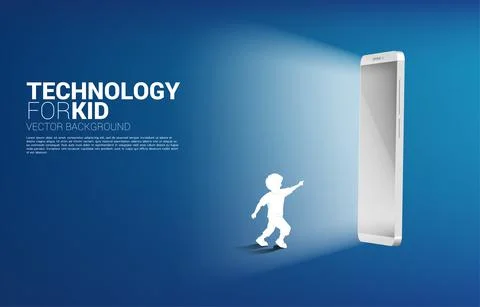 Silhouette of running boy point to 3D mobile phone. Concept of education tech Stock Illustration