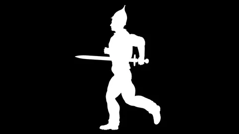 Silhouette of a running warrior with a sword. Alpha channel. FullHD. Stock Footage 92472429