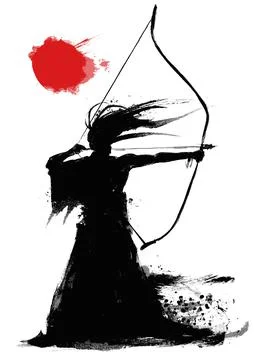 Silhouette of a samurai with a long bow, pulling an arrow, on a white backgro Stock Illustration