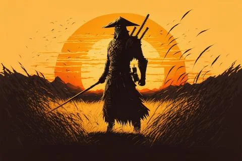 Silhouette of a samurai at sunset in the middle of a wheat field Stock Illustration