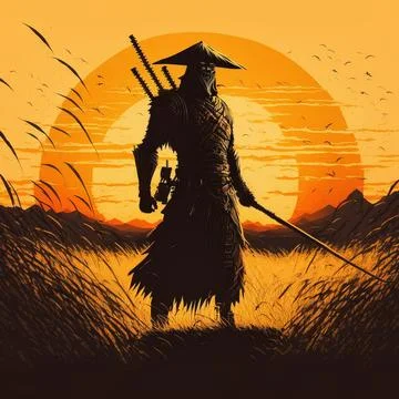 Silhouette of a samurai at sunset in the middle of a wheat field Stock Illustration
