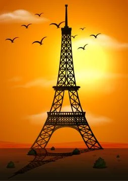 Silhouette scene with eiffel tower at sunset Illustrazione stock