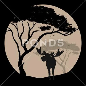Silhouette scene with moose at fullmoon night Stock Illustration