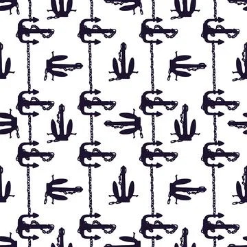 Silhouette seamless pattern of anchors with iron chain. Vector black doodle Stock Illustration