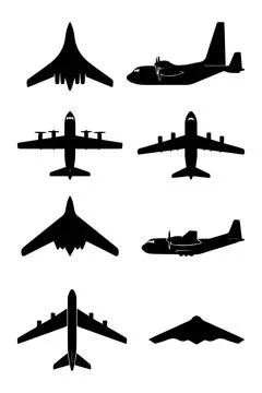 Silhouette set of different aircraft types. Aviation vector collection Stock Illustration