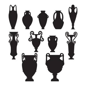 Silhouette set sketch of ceramic vases. Tall ancient Greek, Roman jar with tw Stock Illustration