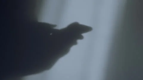 Silhouette shadow of person's hands typing and texting on mobile phone at night Stock Footage 344315604