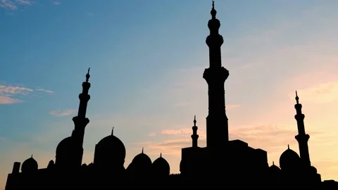 Silhouette of the Sheikh Zayed Mosque Architecture in Abu Dhabi Stock Footage 240055935