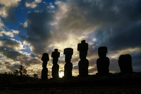 Silhouette shot of Moai statues in Easter Island Stock Photos