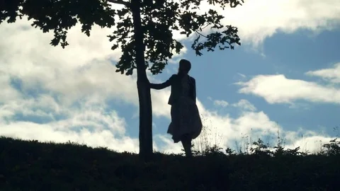 Silhouette, sky, cloud, lost, grass, woman, tree, person, girl, summer, nature,  Stock Footage 81618625