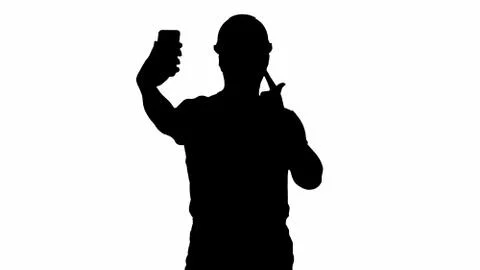 Silhouette Smiling handsome young builder making selfie with mob 스톡 일러스트