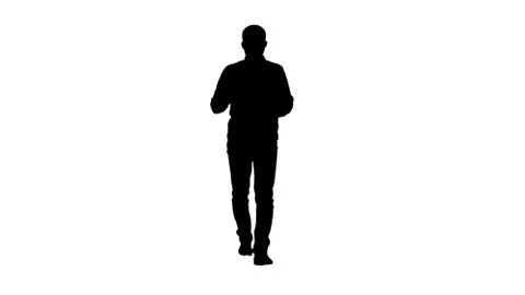 Silhouette Smiling man with tablet walking and talking to the ca 스톡 일러스트