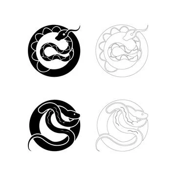 Silhouette of a snake coiled in a circle, flat bold black vector design Stock Illustration