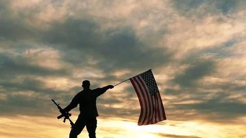 Silhouette of Soldier with automatic rifle wave American Flag .Slow Motion.  Stock Footage 70078747