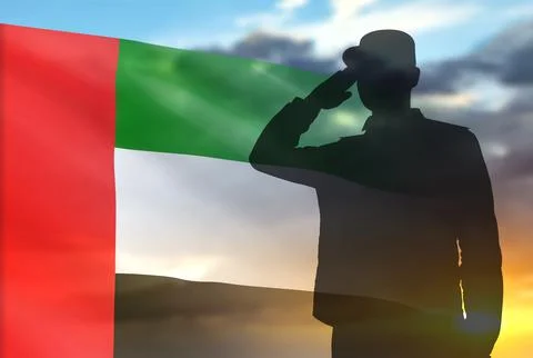 Silhouette of a solider saluting on a background of sunset and UAE flag Stock Illustration