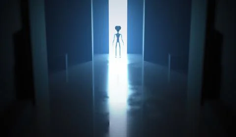 Silhouette of spooky alien. Bright light in background. 3D rendered illustrat Stock Illustration