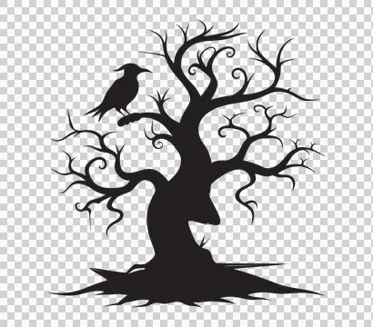 Silhouette of a spooky tree with twisted branches and a crow perched on top Stock Illustration