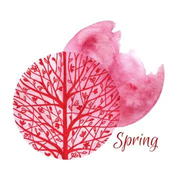 Silhouette of spring tree on pink Stock Illustration