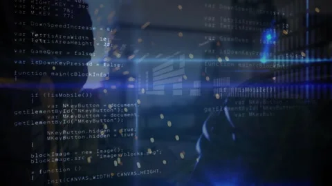 Silhouette standing in dark control room, displaying floating code charts with Stock Footage 308100347