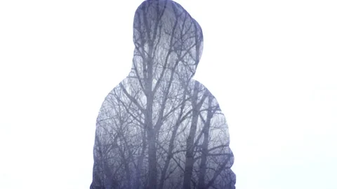 Silhouette Of A Stranger And Tree Branches Mixed At One By Double Exposure Stock Footage 125096109