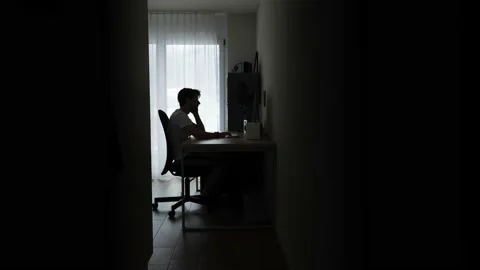 Silhouette of student, sleeping on desk while online course, webinar. Stock Footage 150549821