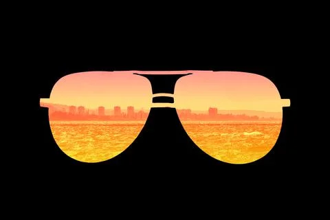 The silhouette of sunglasses is a reflection of the city and the sea Stock Illustration