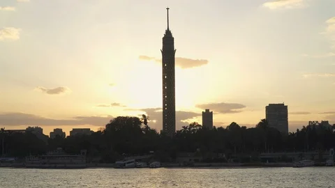 Silhouette sunset in Cairo. River Nile and Cairo tower. Stock Footage 127612437