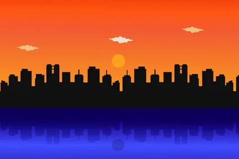 Silhouette Sunset Cityscape with Reflection in Blue Ocean Background. Stockillustratie
