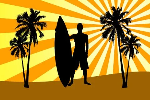 Silhouette of surfer on beach Stock Illustration