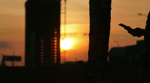 Silhouette of a tablet and hands at sunset. The sun breaks through the Stock Footage 66454645