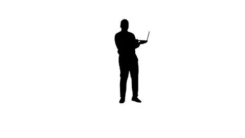 Silhouette Talking to camera young african man with laptop in his hands. 스톡 일러스트