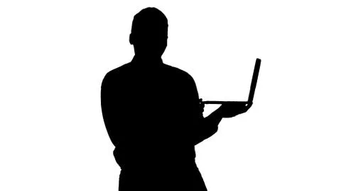 Silhouette Talking to camera young african man with laptop in hi 스톡 일러스트
