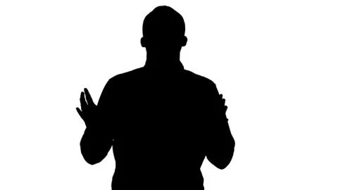 Silhouette Talking young man explaining something and pointing to the side. Stock-Illustration