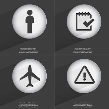 Silhouette, Task completed, Airplane, Warning icon sign. Set of buttons with a f Stock Illustration
