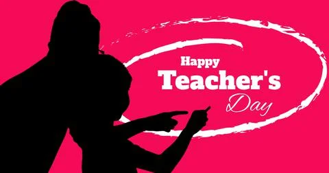 Silhouette teacher and student with happy teacher's day text against pink Stock Illustration