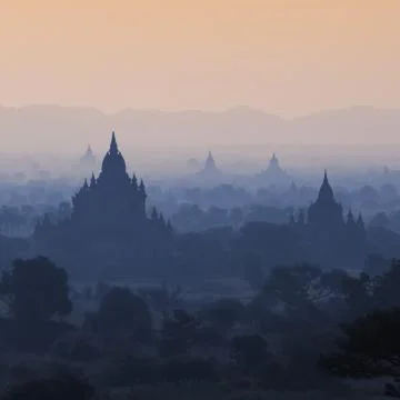Silhouette of temples in bagan, myanmar Stock Photos