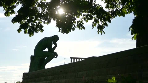 Silhouette of The Thinker under summer leaves with sun flare Stock Footage 320744190