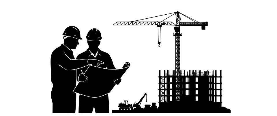 Silhouette of Three Construction Workers Discussing Plans at Site Illustrazione stock