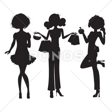 Silhouette of three cute fashion girls isolated on white background Stock Illustration