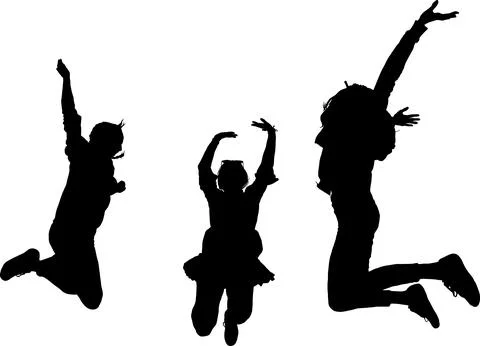 Silhouette of three figures jumping with joy Motion and freedom represented Stock Illustration
