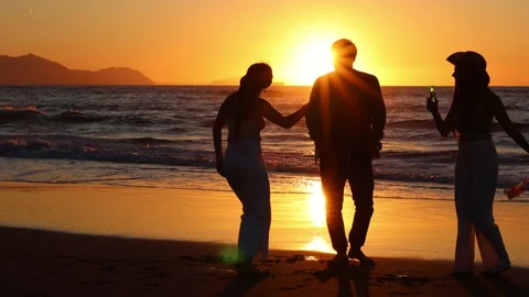 Silhouette of three multiracial friends dancing and drinking beers on the b.. Stock Footage 273921830