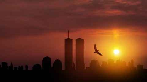 Silhouette of Towers with soaring eagle at sunset. Stock Footage 314553377