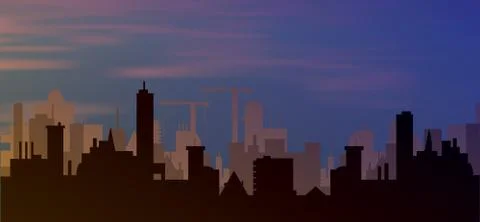 Silhouette of town with sunset and clouds in sky Stock Illustration